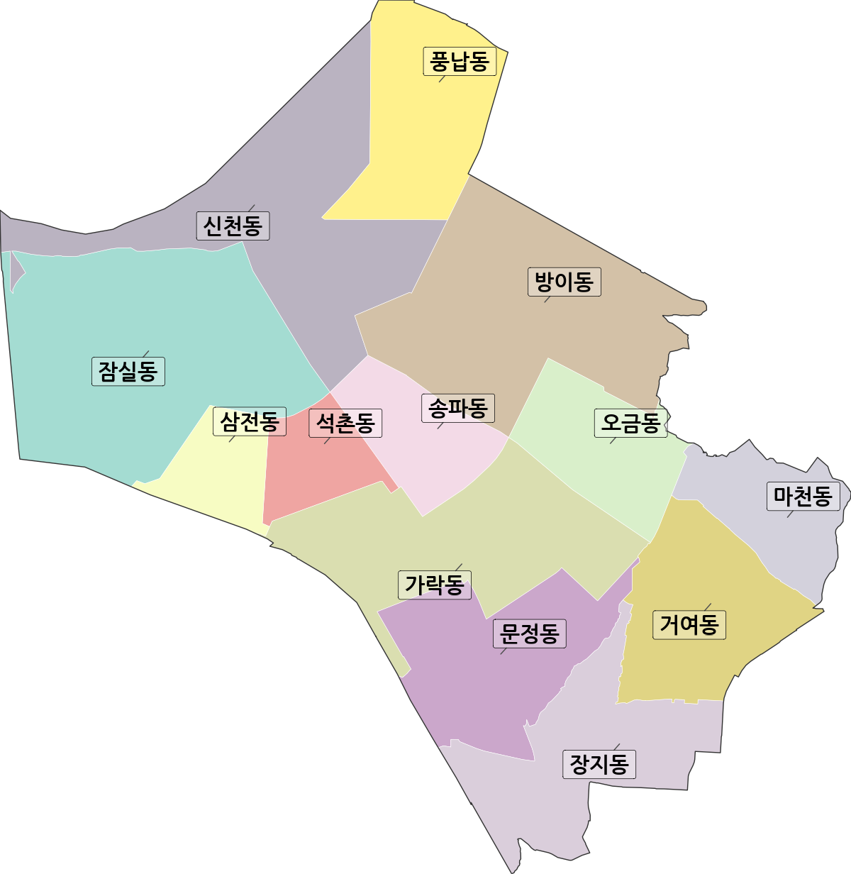 서울특별시 송파구 법정동 행정구역 경계 지도