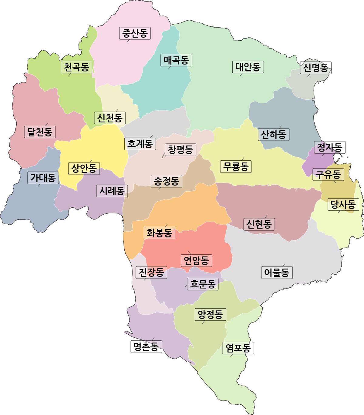 울산광역시 북구 법정동 행정구역 경계 지도